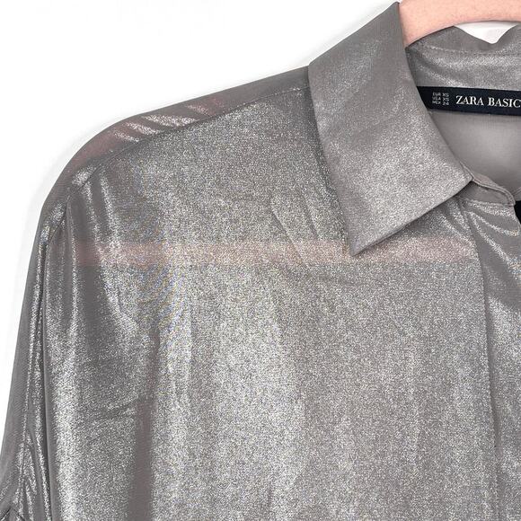2/$30 ZARA High Low Metallic Button Down Shirt Gray Elastic Blouson Cuff #6212 - Picture 6 of 14
